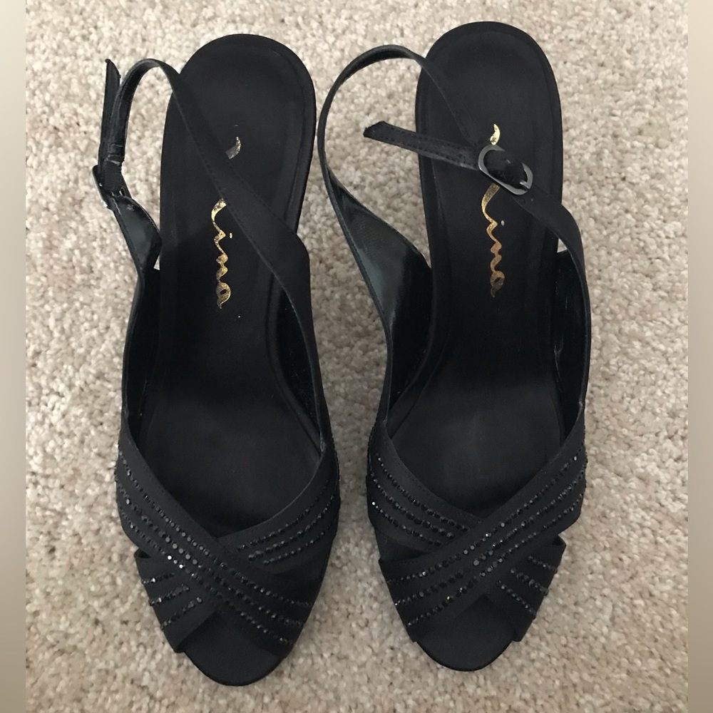 Nina Camille Black Luster Satin Peep Toe Heel